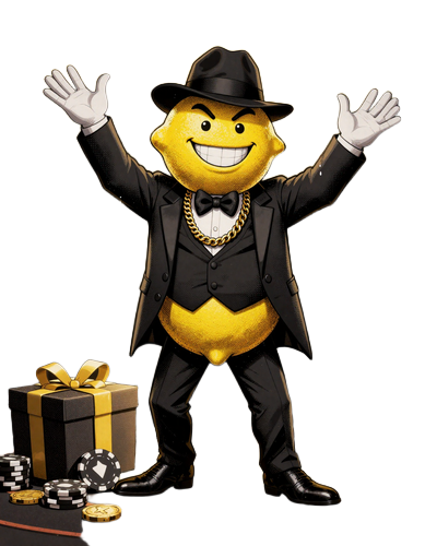 Lemon Casino Bonus Maskottchen - der Lemon Boss wirft Goldm&uuml;nzen und Bonuskarten in die Luft