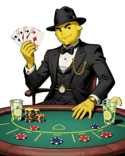 Lemon Casino Gangster-Maskottchen am Blackjack-Tisch mit Karten und Goldchips