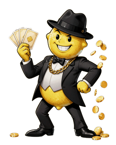 Lemon Casino Gangster-Maskottchen h&auml;lt goldene Zahlungskarten und M&uuml;nzen f&uuml;r schnelle Einzahlung