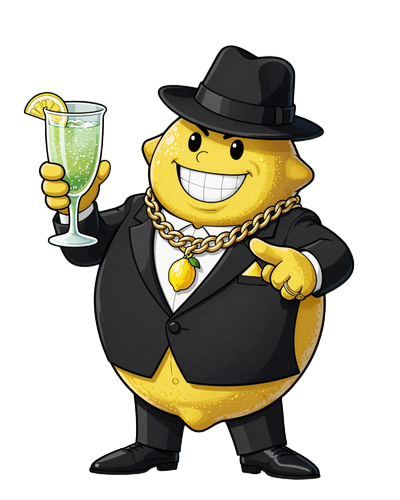 Lemon Casino Maskottchen - der Lemon Boss im Gangster-Smoking begr&uuml;&szlig;t neue Spieler